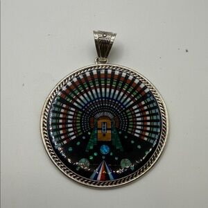 Round Inlay Geometric Pendant - Black, Green, Blue, Orange